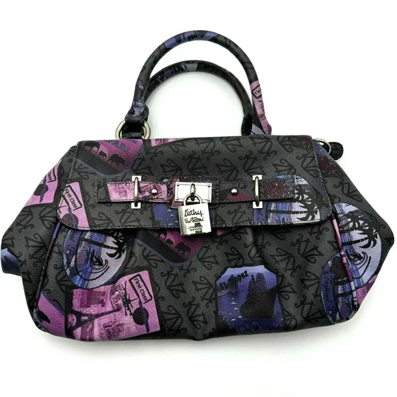 KATHY VAN ZEELAND Purple Black travel print purse hand bag Silver charm  Pocket